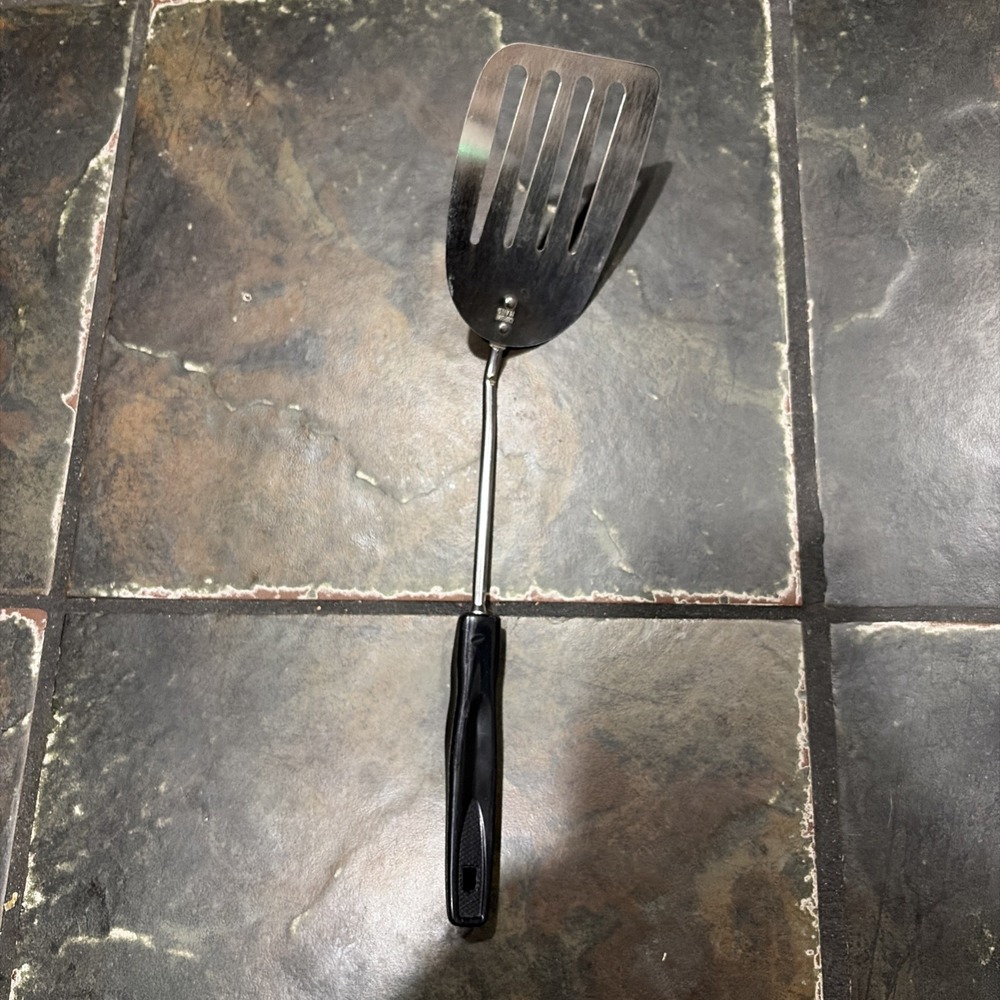 Vintage Chrome-Plated Slotted, Angled Spatula w/Black Plastic Handle